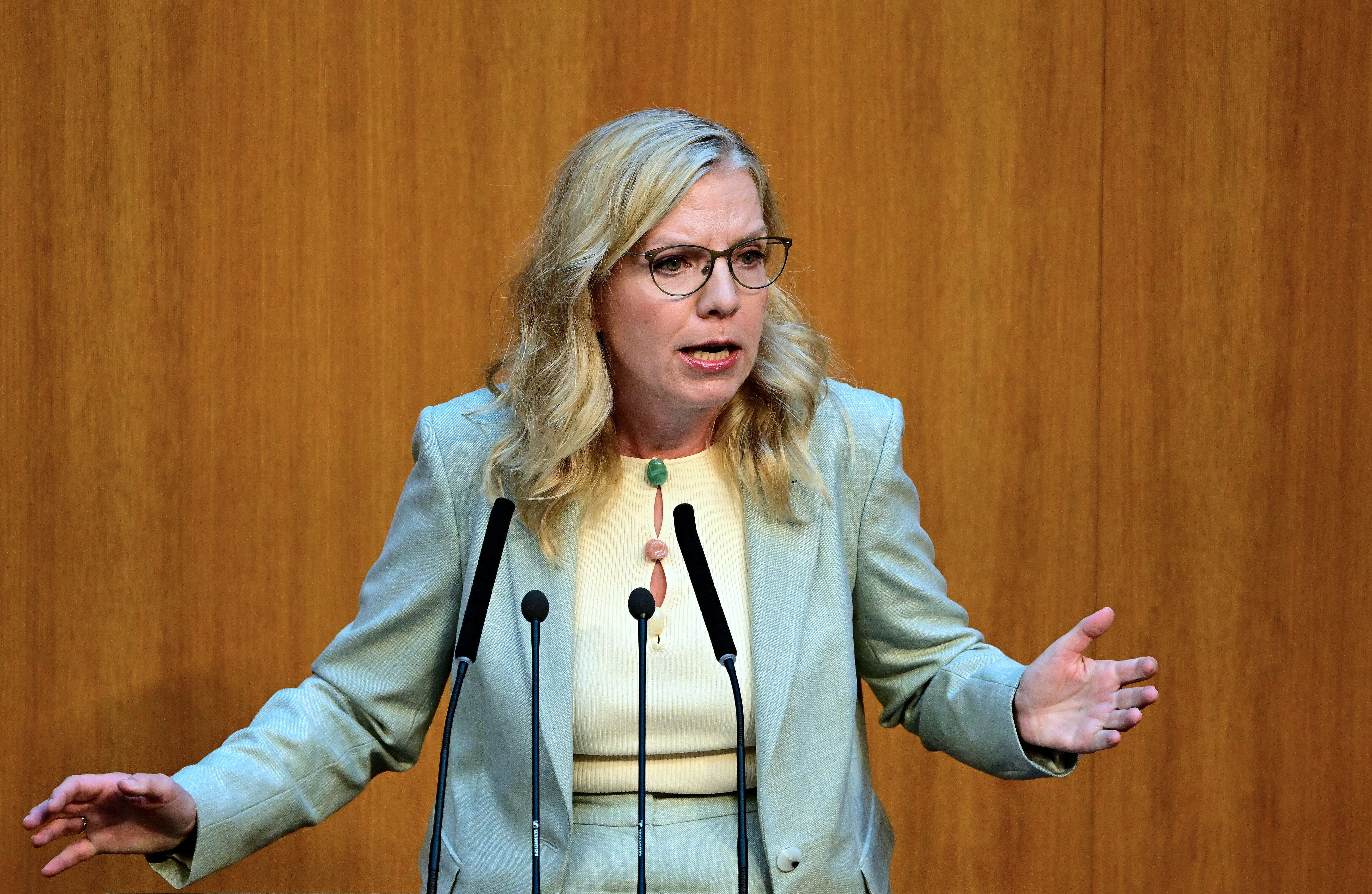Frau spricht gestikulierend am Rednerpult vor holzfarbener Wand im Parlament.