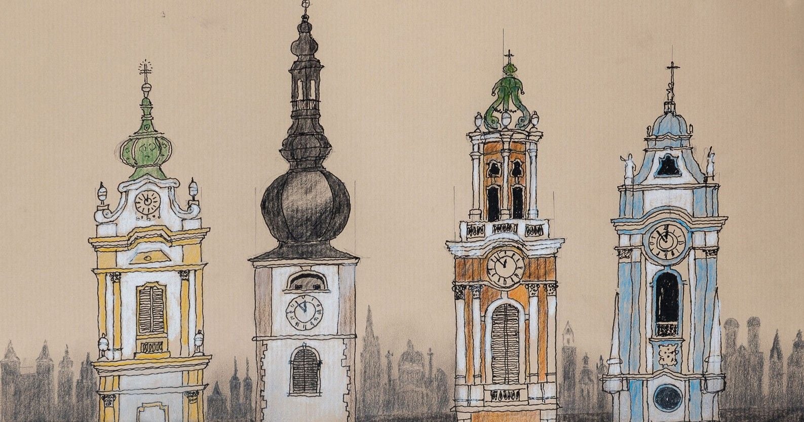 Gezeichnete Kirchtürme mit Uhren im barocken Stil vor beigem Hintergrund.