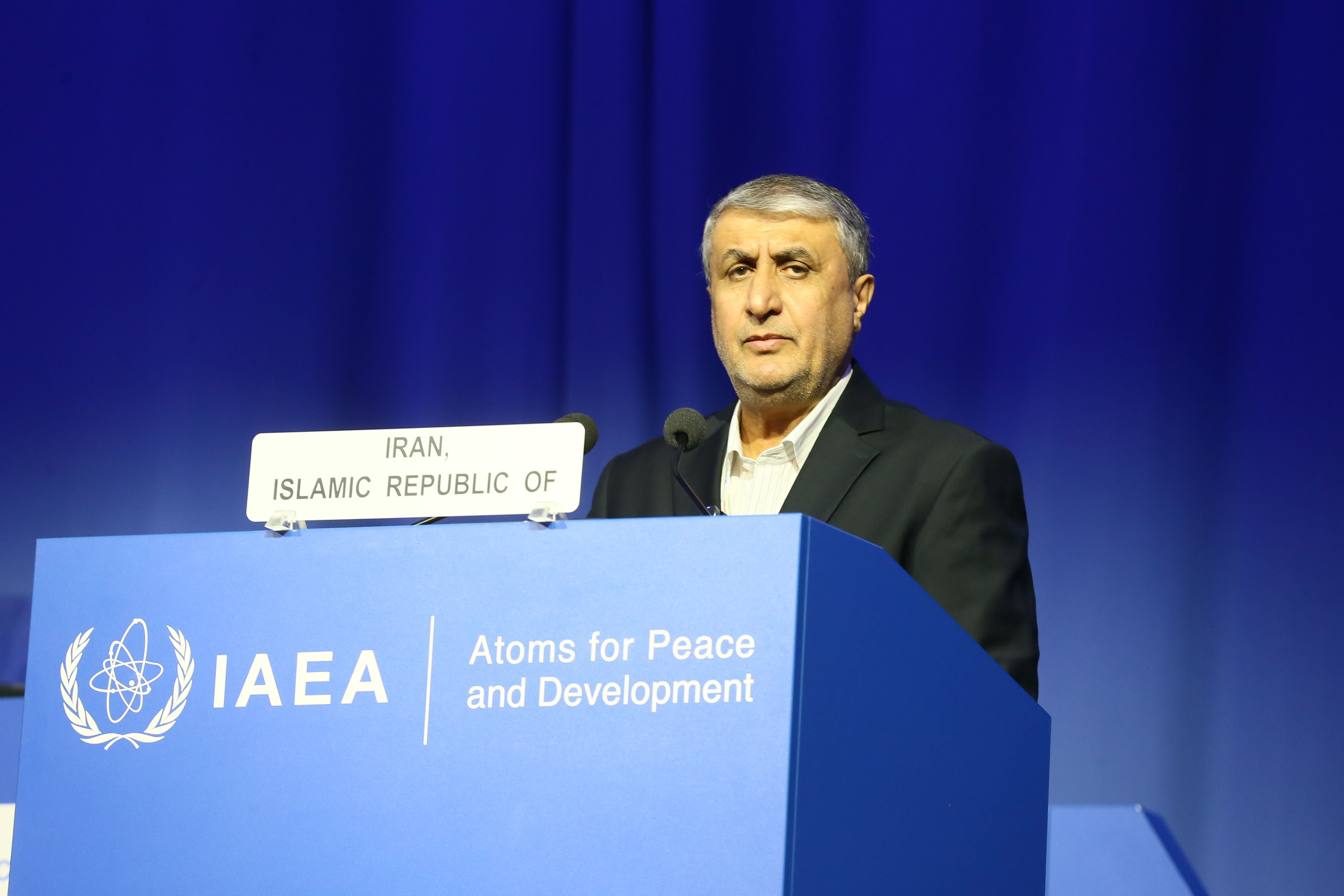 Ein Mann spricht am Rednerpult der IAEO-Konferenz vor blauem Hintergrund in Wien.