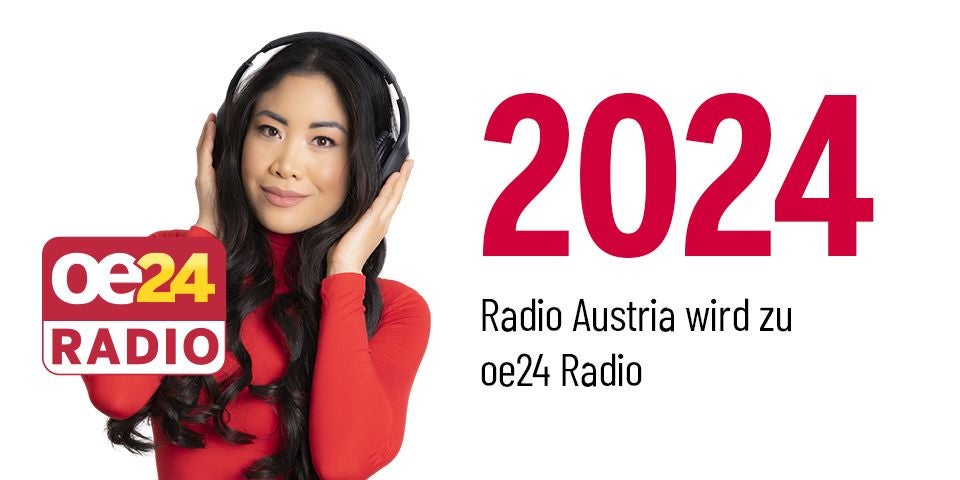 Frau mit Kopfhörern, daneben Text: 2024 Radio Austria wird zu oe24 Radio.