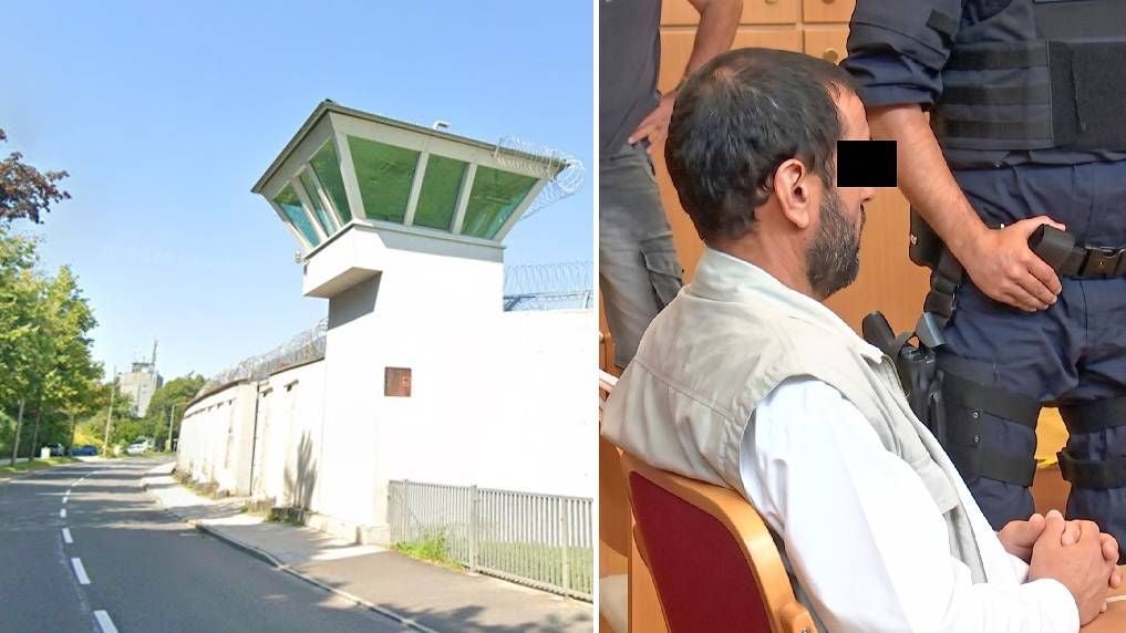 Links ein Gefängnis mit Wachturm, rechts ein Mann vor einem Polizisten im Gerichtssaal.
