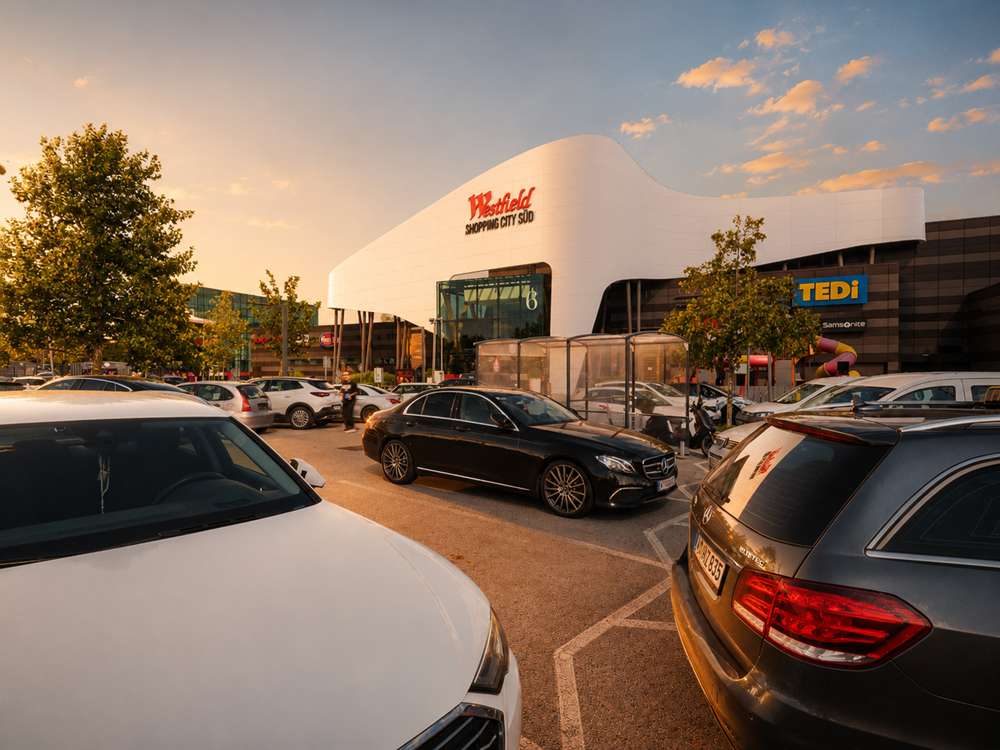 Parkplatz vor dem Westfield Shopping City Süd bei Sonnenuntergang mit mehreren geparkten Autos.
