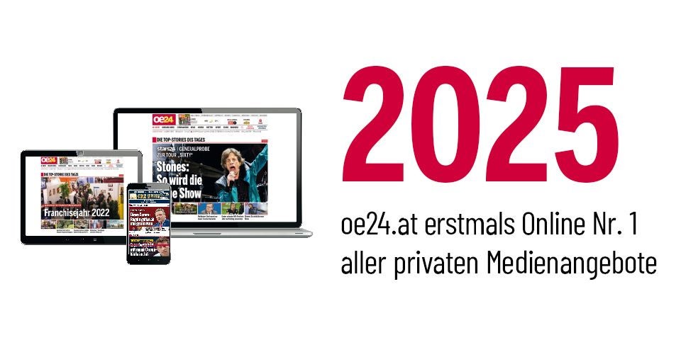 Tablet, Laptop und Smartphone mit oe24.at-Webseite, daneben große rote Zahl "2026" und Text.