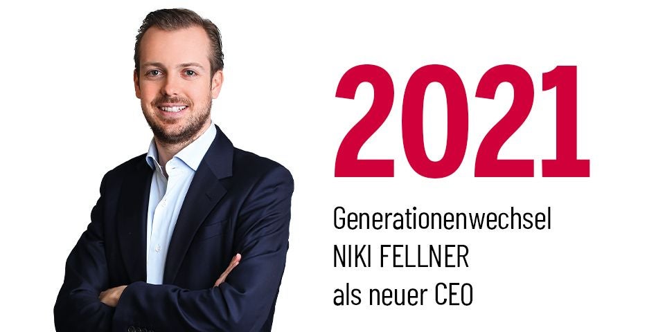 Ein Mann im Anzug steht neben der großen Zahl 2021 und dem Text „Generationenwechsel als neuer CEO“.