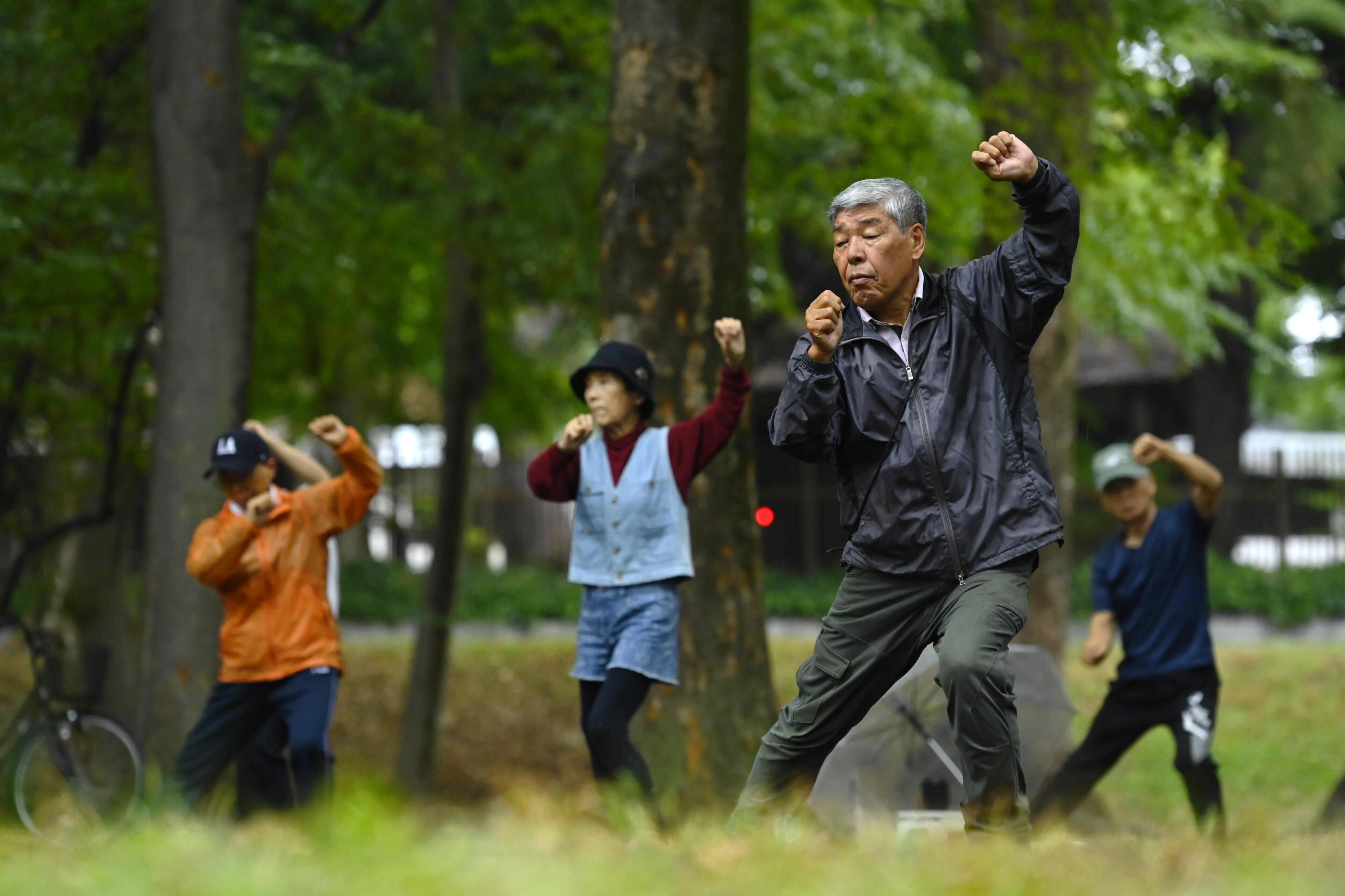 Ältere Menschen machen gemeinsam Gymnastikübungen im Park unter Bäumen in Tokio.