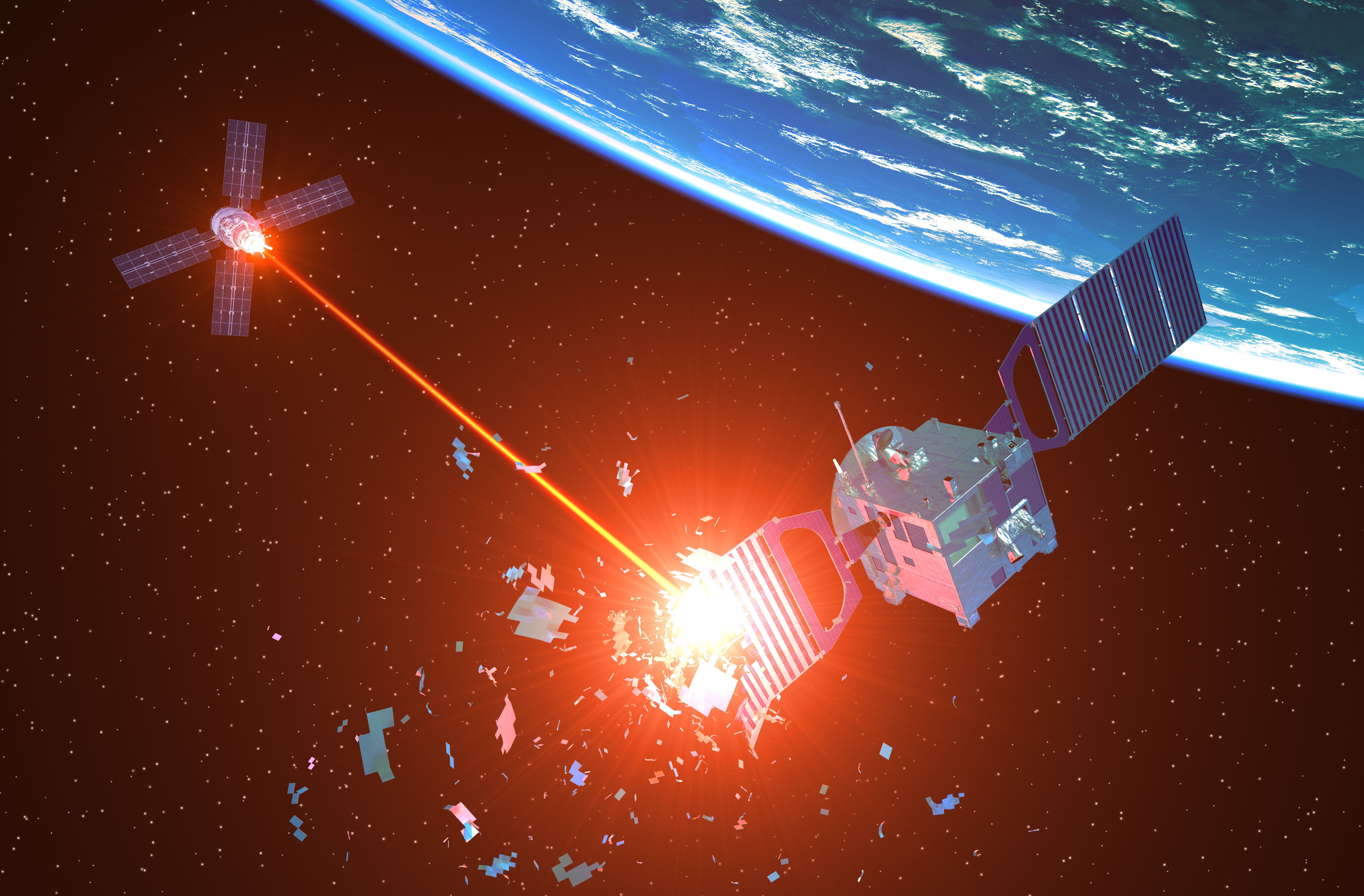 Ein Militärsatellit zerstört einen feindlichen Satelliten mit einem Laserstrahl im All.