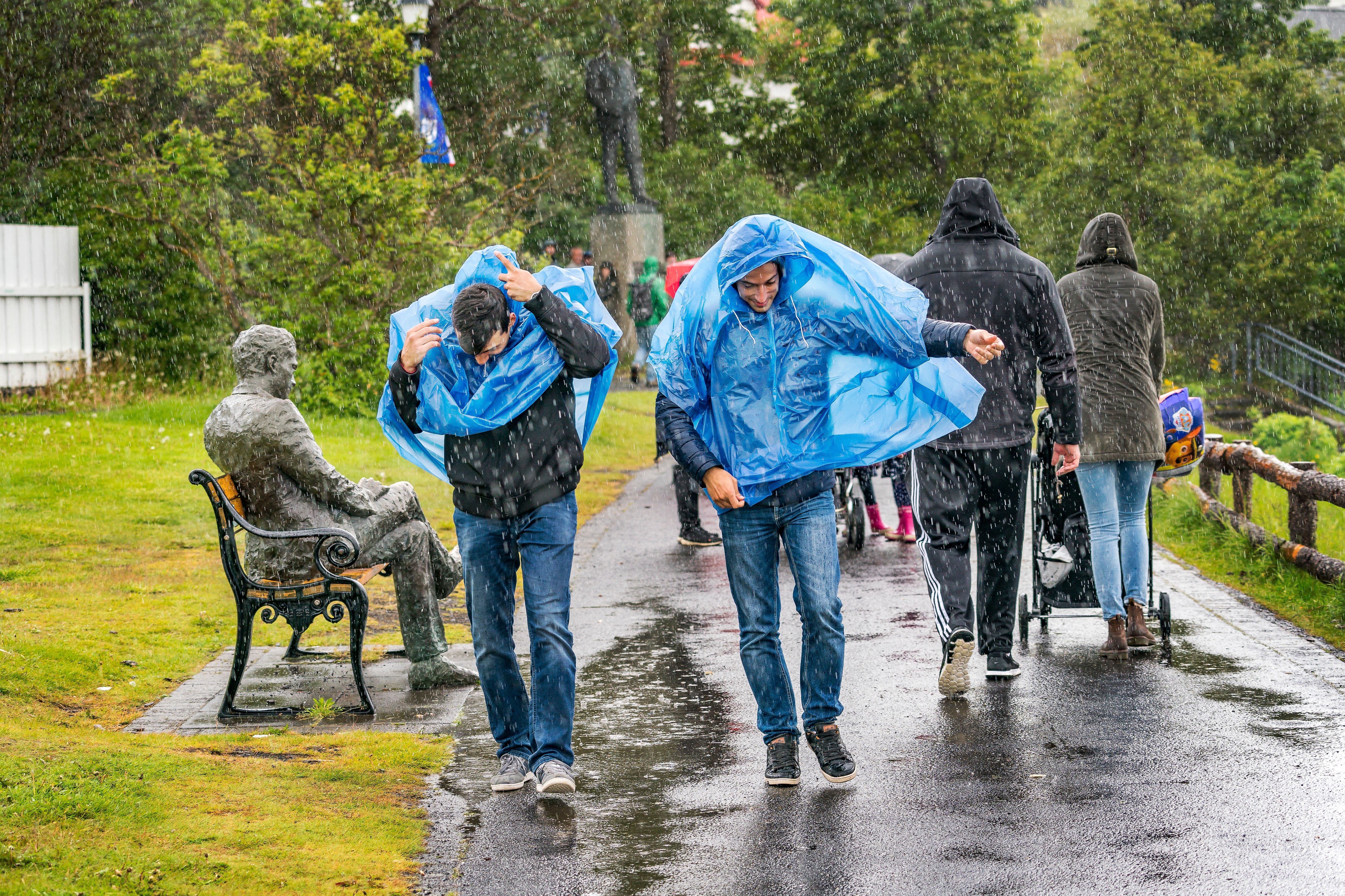 Menschen laufen im Regen durch einen Park und schützen sich mit blauen Regencapes.