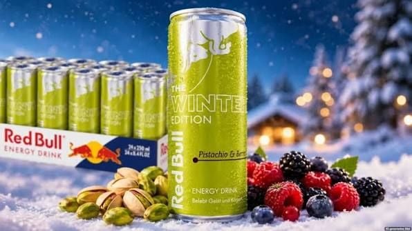 Eine grüne Red Bull Winter Edition Dose mit Pistazien und Beeren im verschneiten Winterhintergrund.