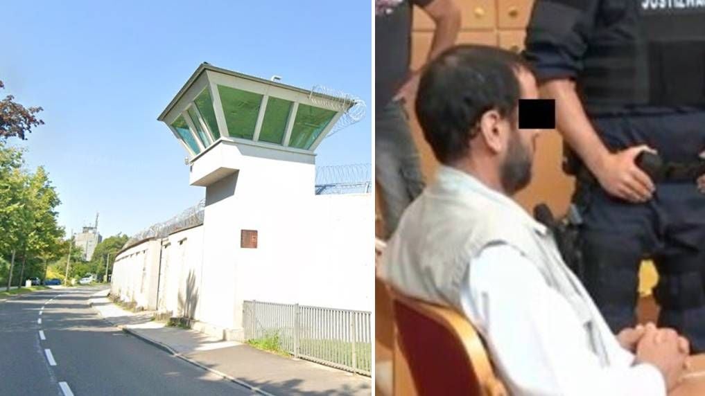 Links eine Gefängnismauer mit Wachturm, rechts ein Mann vor Justizbeamten im Gerichtssaal.