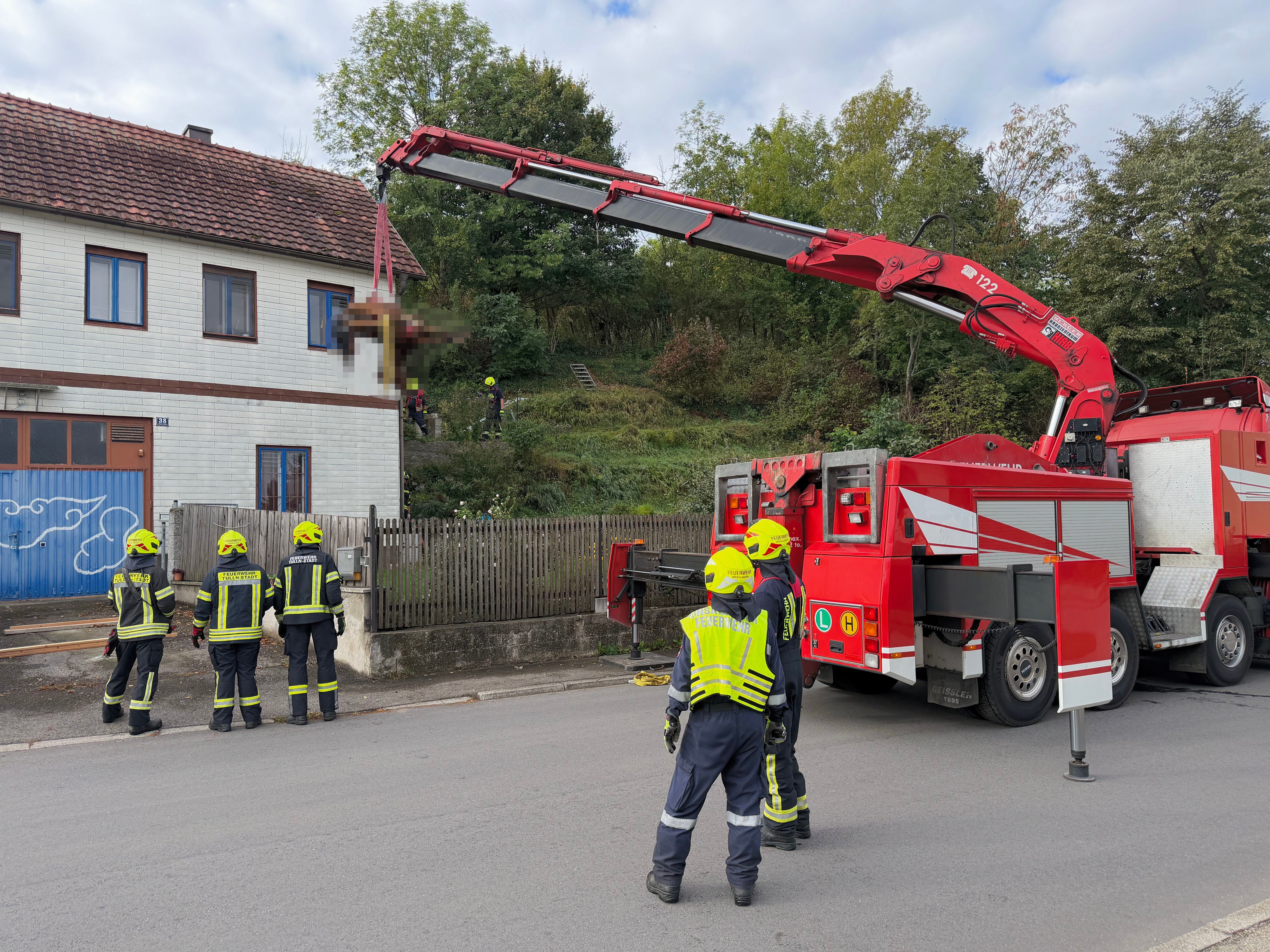 Feuerwehrleute bergen mit einem Kranwagen ein totes Pferd von einem Balkon eines Hauses.