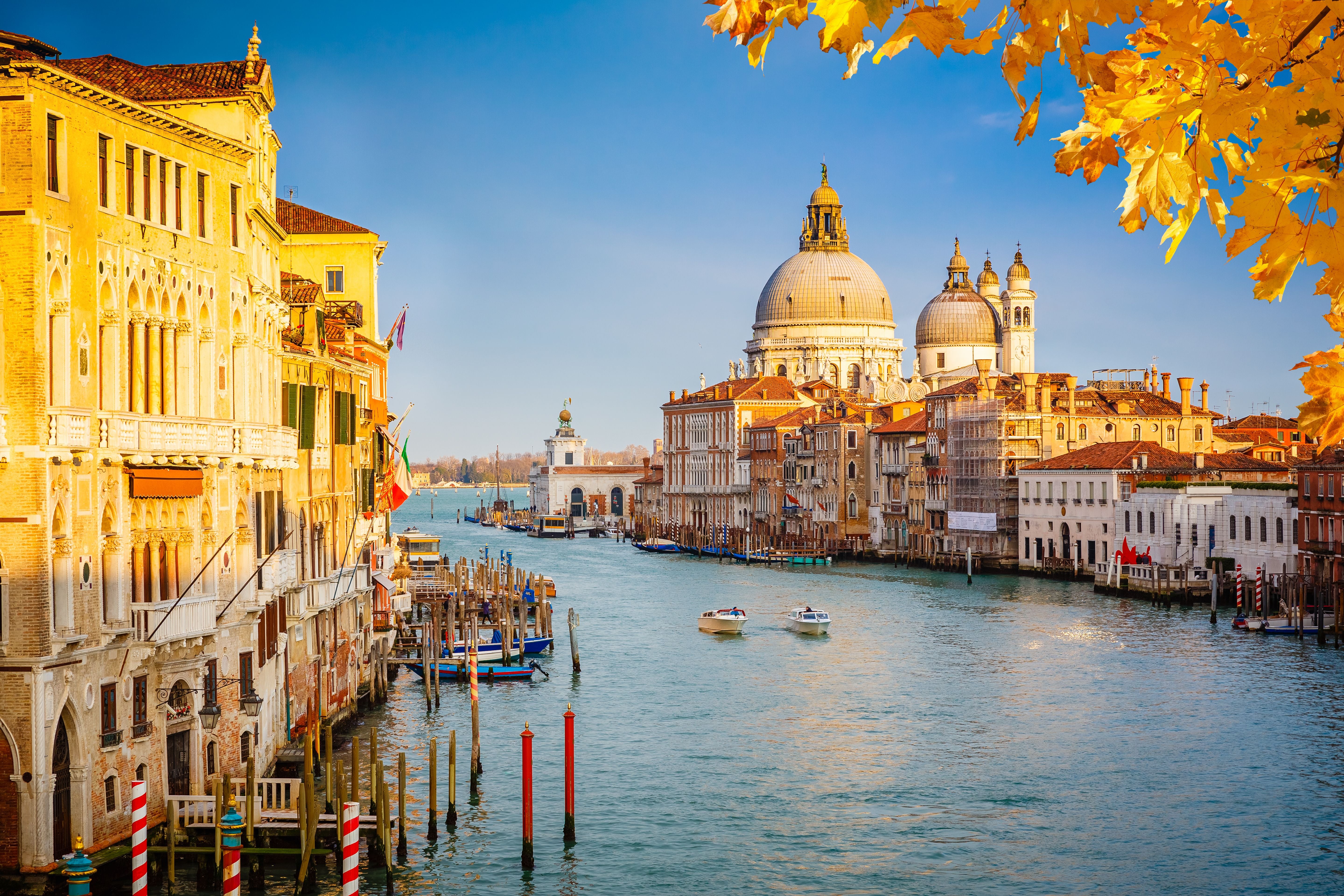 Herbstliche Aussicht auf den Canal Grande und die Basilika Santa Maria della Salute in Venedig.