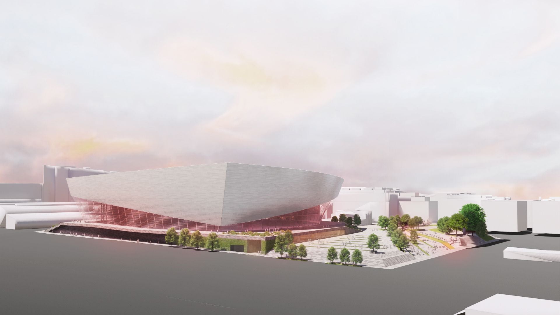 Visualisierung der geplanten Event-Arena in Wien-St. Marx mit moderner Architektur und umliegenden Grünflächen.