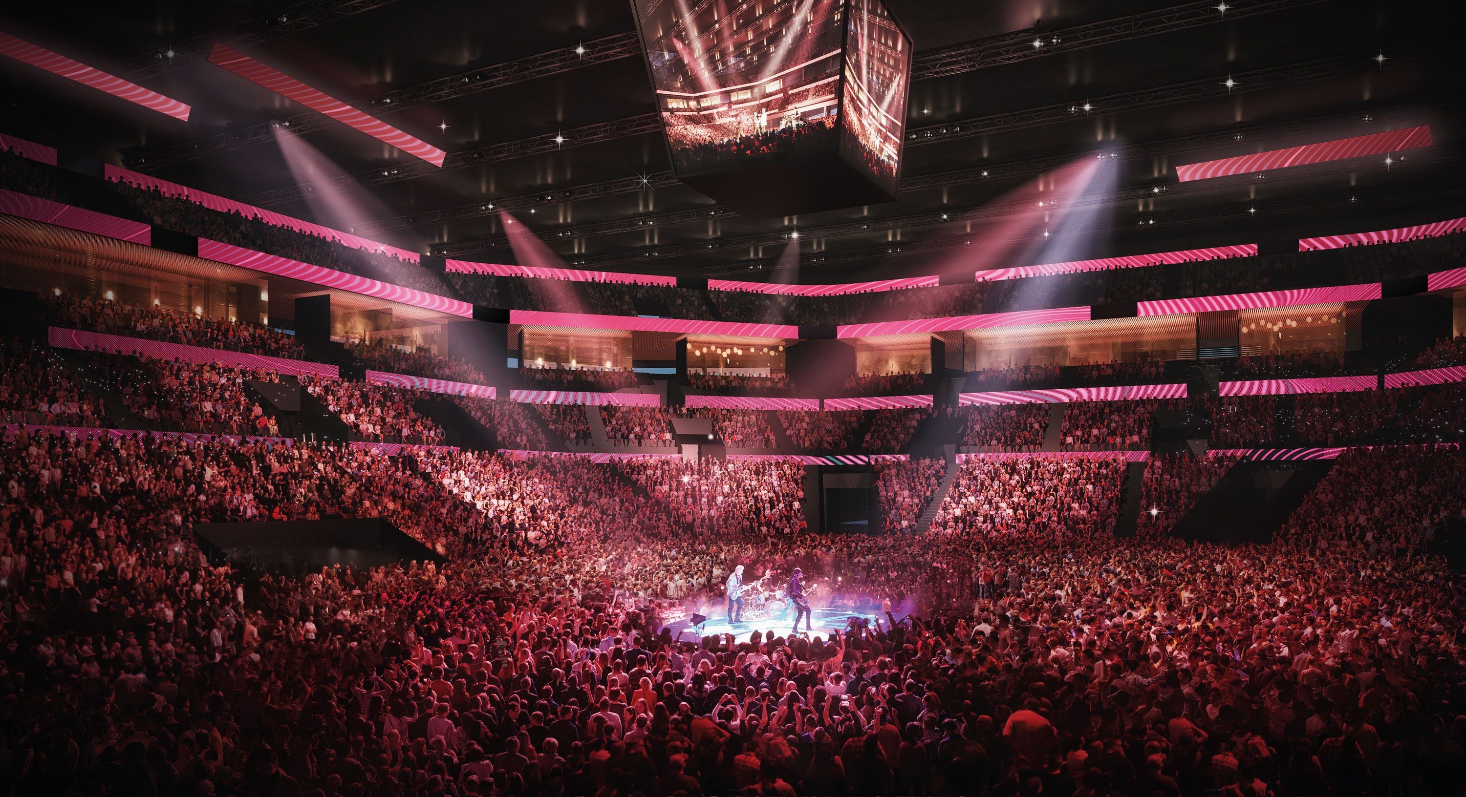 Visualisierung einer vollen, modernen Event-Arena mit Bühne und Publikum, in pinkes Licht getaucht.