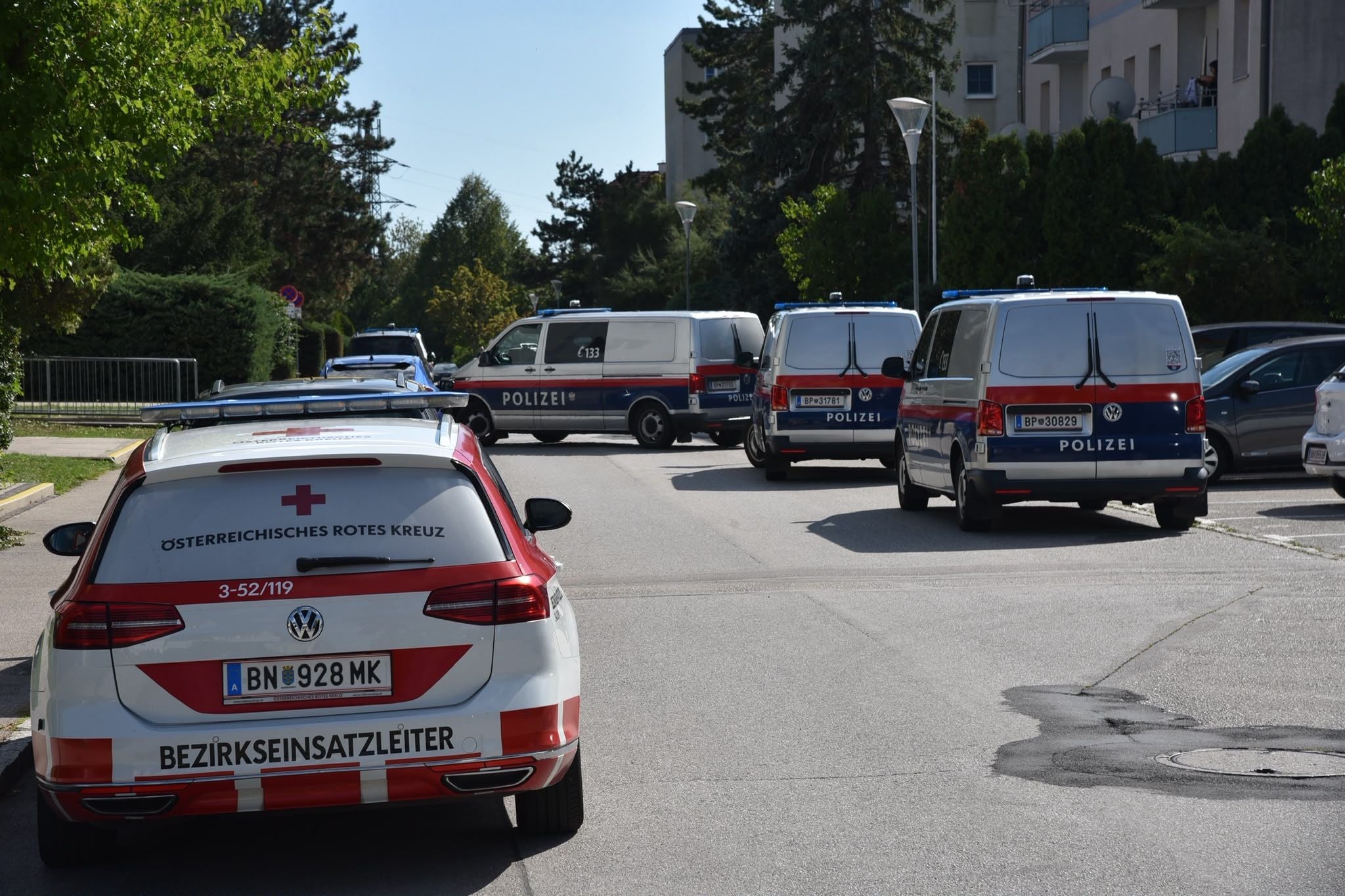 Mehrere Polizei- und ein Einsatzfahrzeug des Roten Kreuzes stehen in einer Wohngegend in Bad Vöslau.