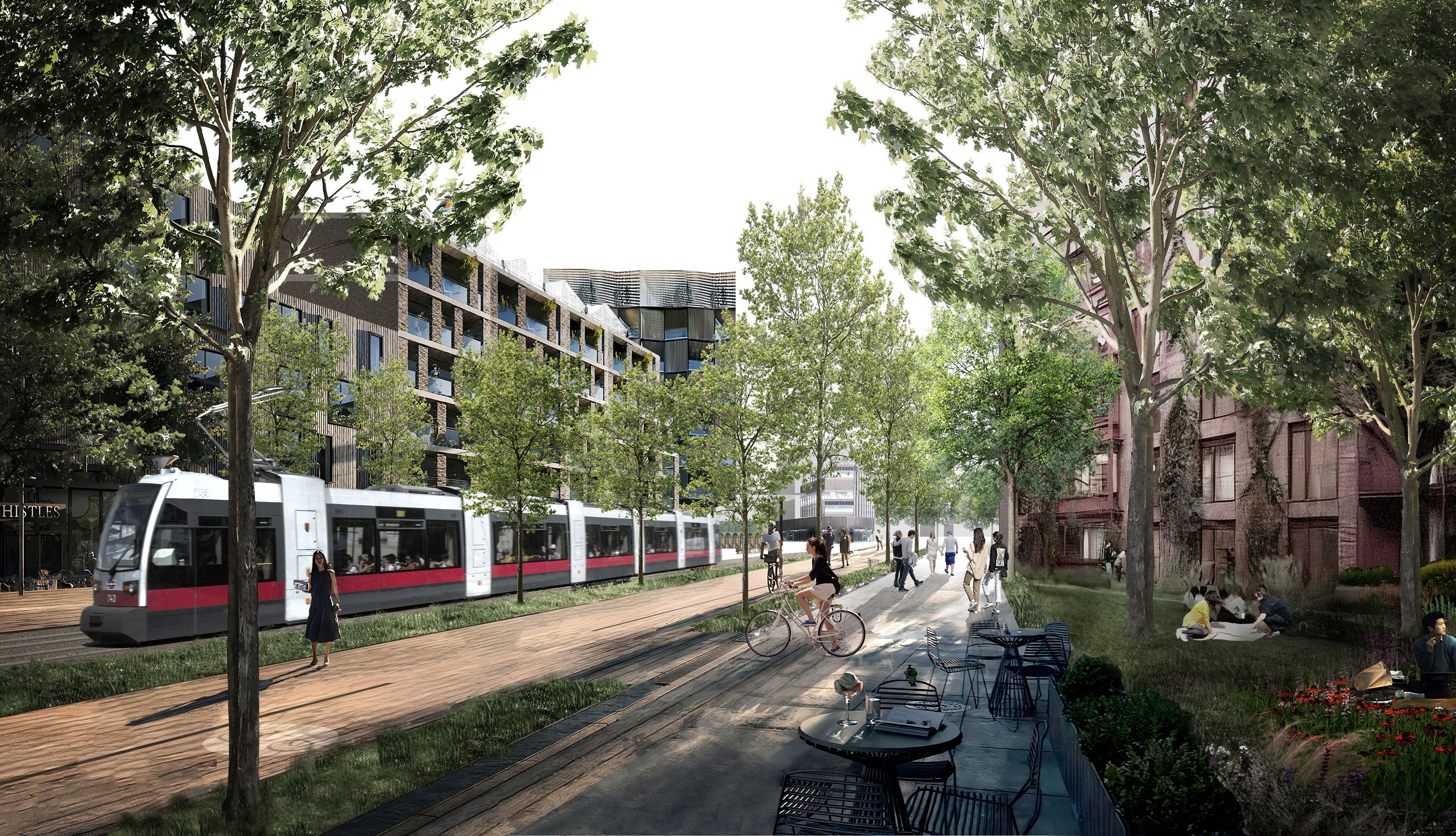 Baumgesäumte Allee mit Straßenbahn, Radfahrer, Fußgängern und Menschen im Park neben modernen Gebäuden.