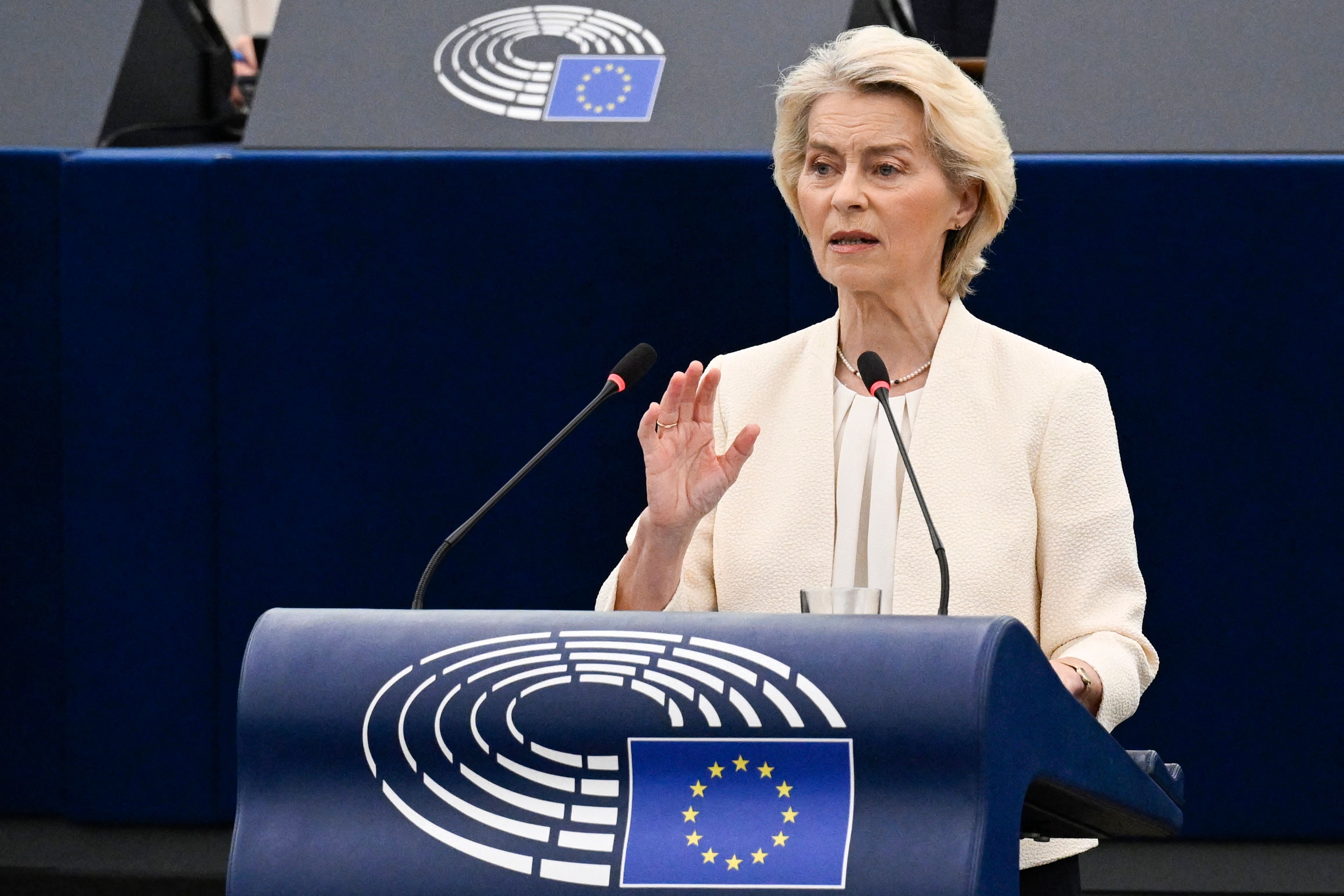 Ursula von der Leyen spricht am Rednerpult im Europäischen Parlament in Straßburg.