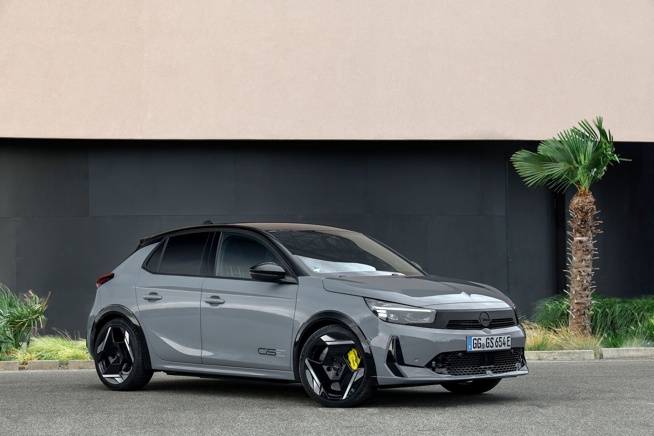 Grauer Opel Corsa GS steht vor einer schwarzen Wand neben einer kleinen Palme.