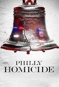 Eine gesprungene Freiheitsglocke mit Polizei-Lichtern über dem Text „Philly Homicide“.