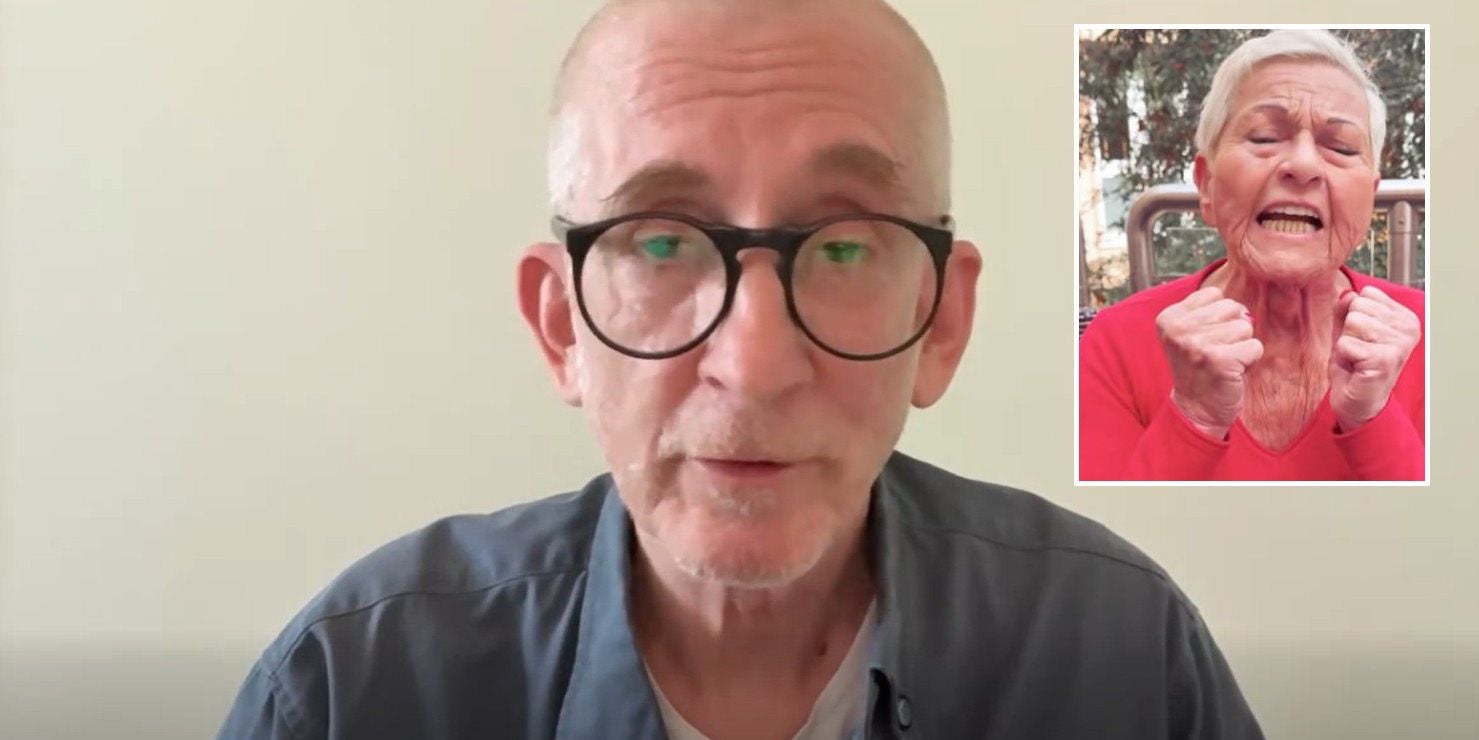 Ein älterer Mann mit Brille spricht, oben rechts Bild einer Frau mit angespannter Mimik.