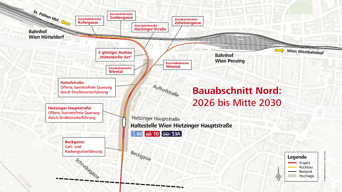 Infografik zeigt Bauabschnitt Nord einer Bahnstrecke in Wien, Bauzeit 2026 bis Mitte 2030.