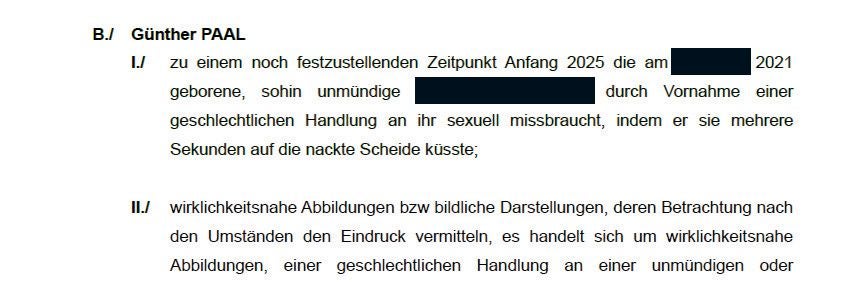 Ein juristisches Dokument mit Text über eine Anklage gegen Günther Paal wegen sexuellen Missbrauchs.