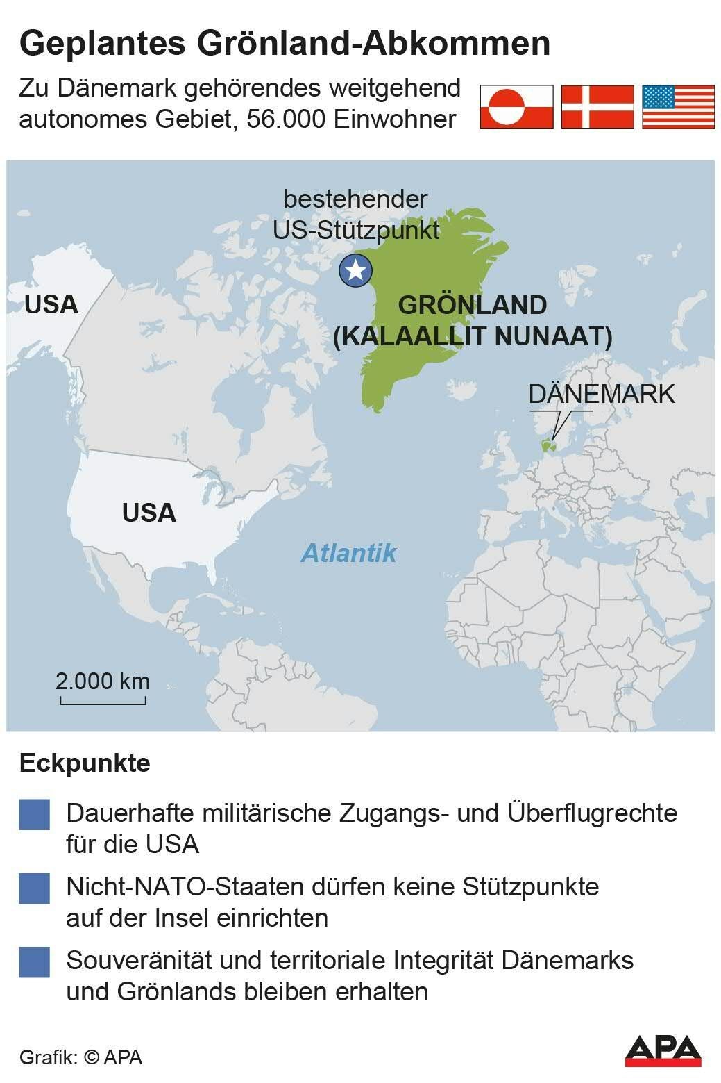 Karte mit Fakten zum geplanten Grönland-Abkommen zwischen Dänemark, USA und Grönland.