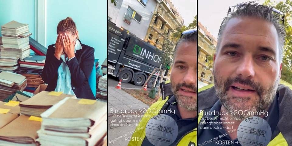 Drei Bilder: gestresste Frau im Büro, Mann mit Müllwagen, Nahaufnahme des Mannes im Freien.