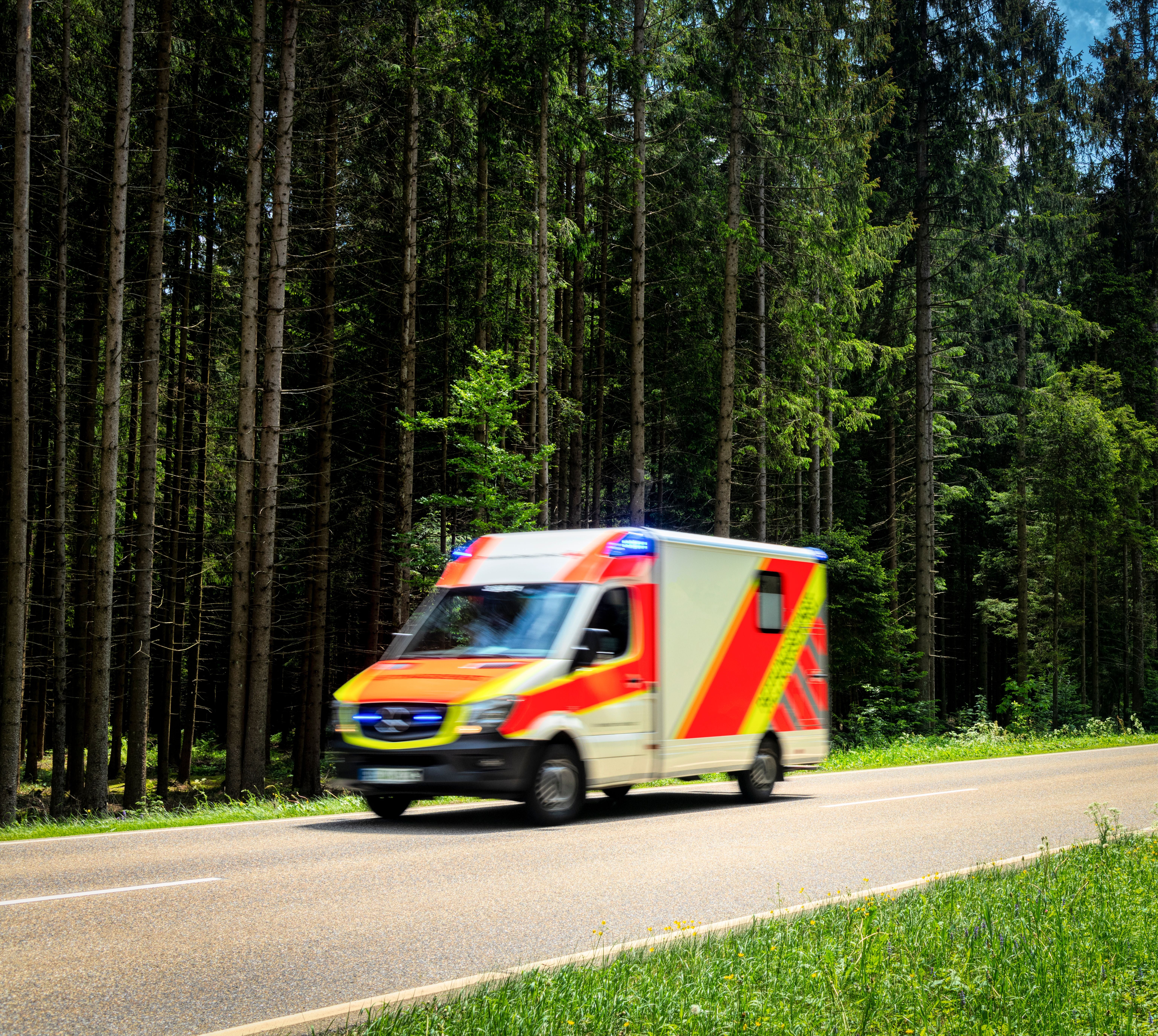 Krankenwagen mit Blaulicht fährt auf Landstraße durch einen Wald.
