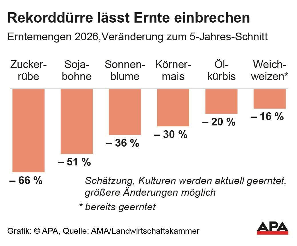 Balkendiagramm zeigt starke Ernterückgänge 2026 bei Zuckerrübe, Sojabohne und anderen Feldfrüchten.