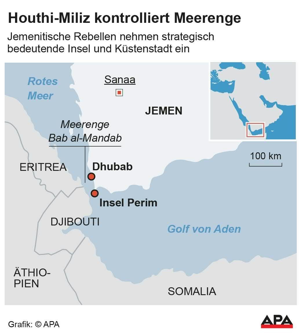 Karte zeigt Bab al-Mandab-Meerenge mit Dhubab, Insel Perim und angrenzenden Ländern am Roten Meer.