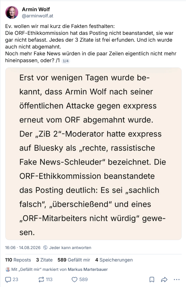 Tweet von Armin Wolf mit Klarstellung zu angeblich falschen Zitaten und einer Stellungnahme.