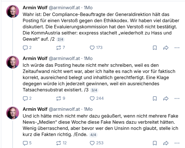 Armin Wolf erklärt in mehreren Tweets seine Sicht zu Ethikkodex-Verstößen und Fake News.