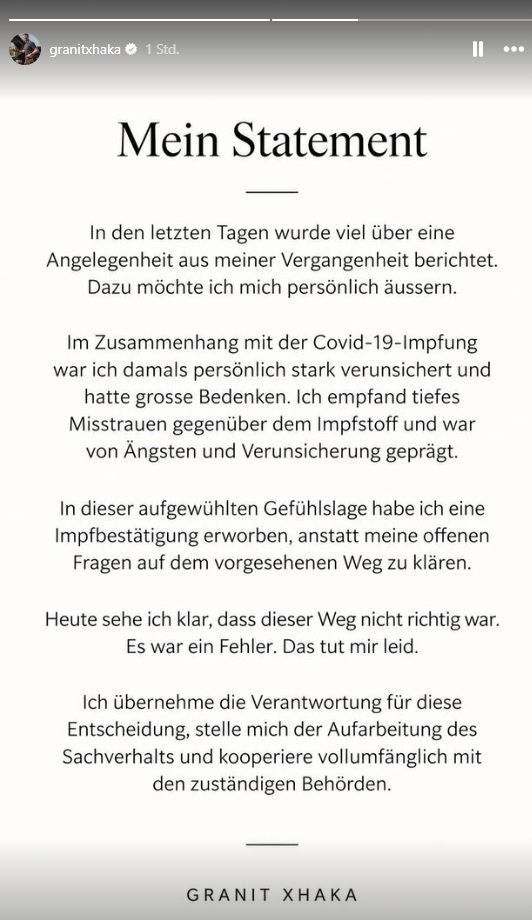 Statement von Granit Xhaka auf Deutsch zum Thema Covid-19-Impfung und Verantwortung.