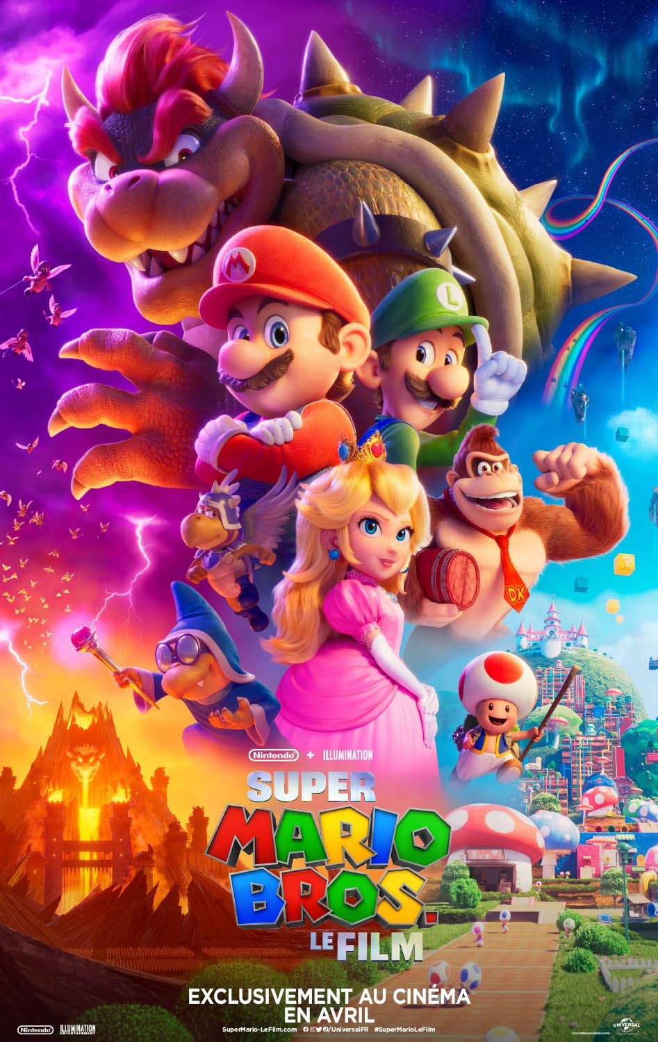 Filmplakat zu „Super Mario Bros.: Der Film“ mit Mario, Luigi, Peach, Bowser und weiteren Figuren.