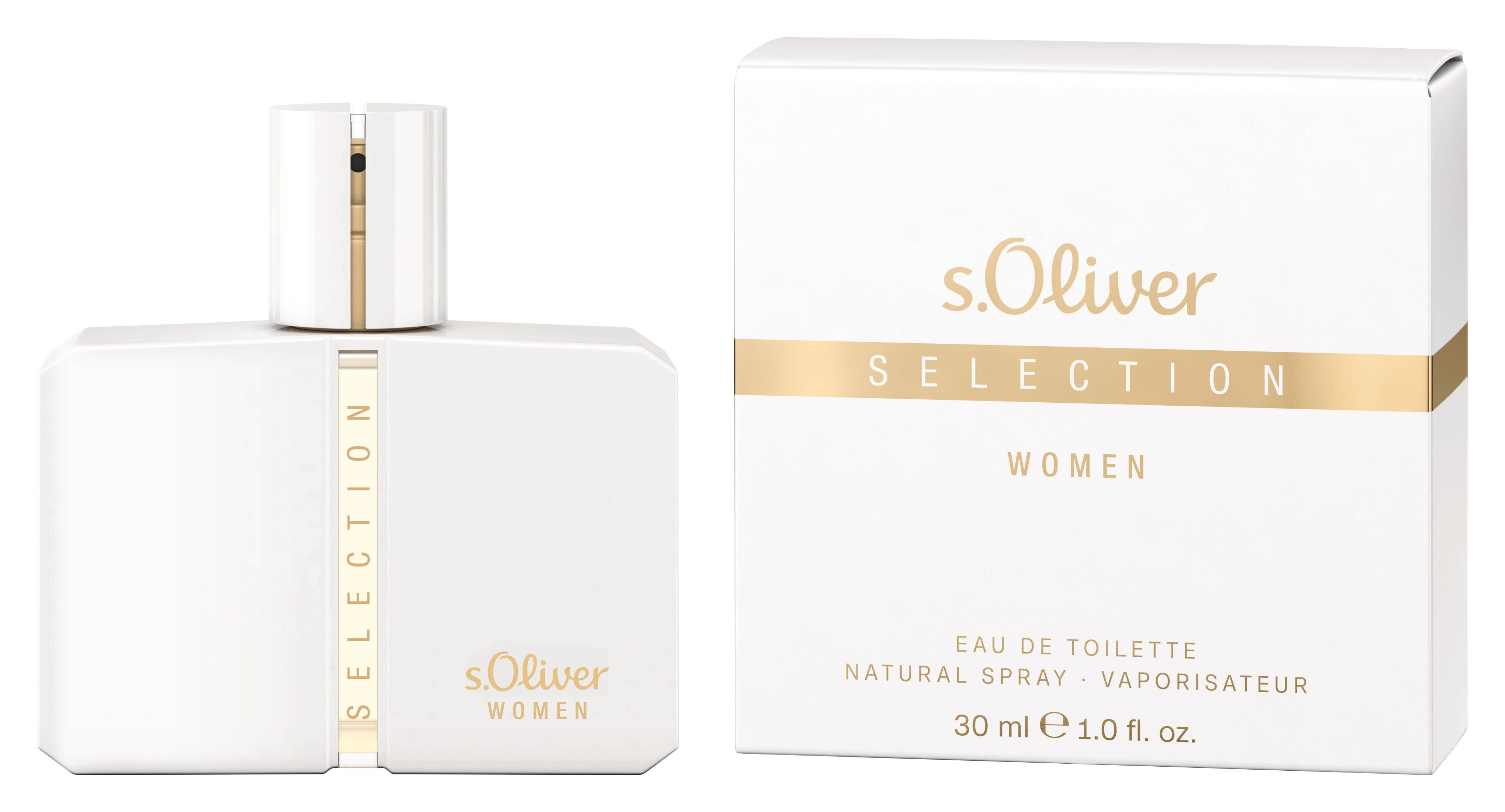 Parfümflakon und Verpackung von s.Oliver SELECTION WOMEN in Weiß und Gold.