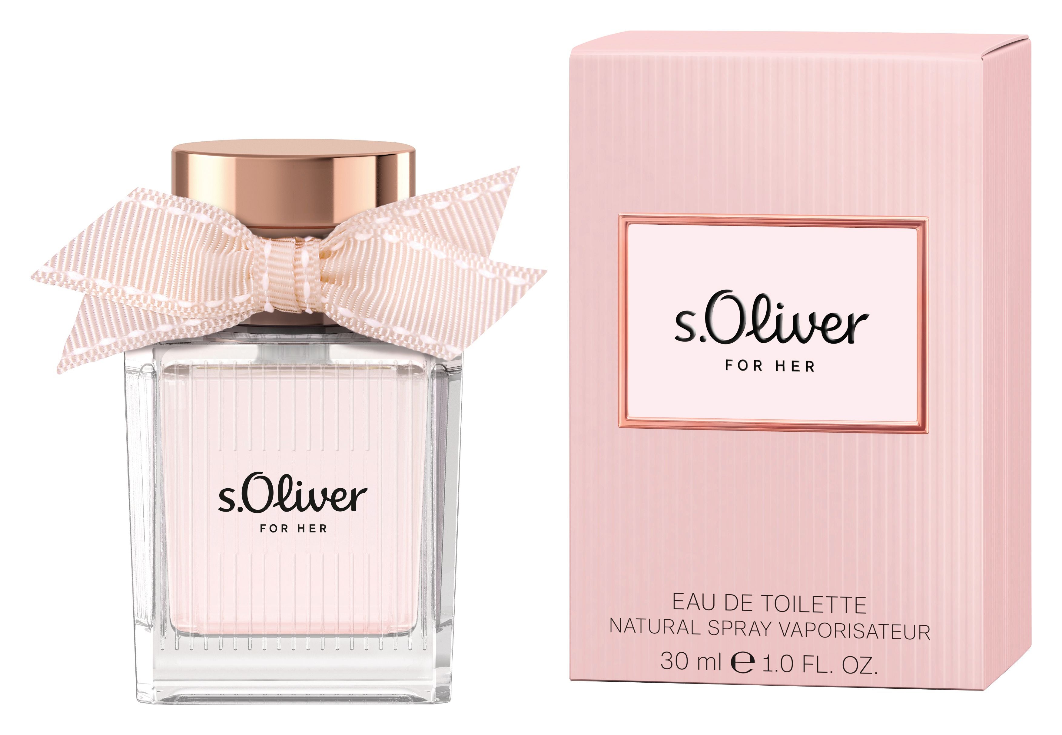 Parfümflakon und Verpackung von s.Oliver FOR HER in Rosa mit Schleife am Flakon.