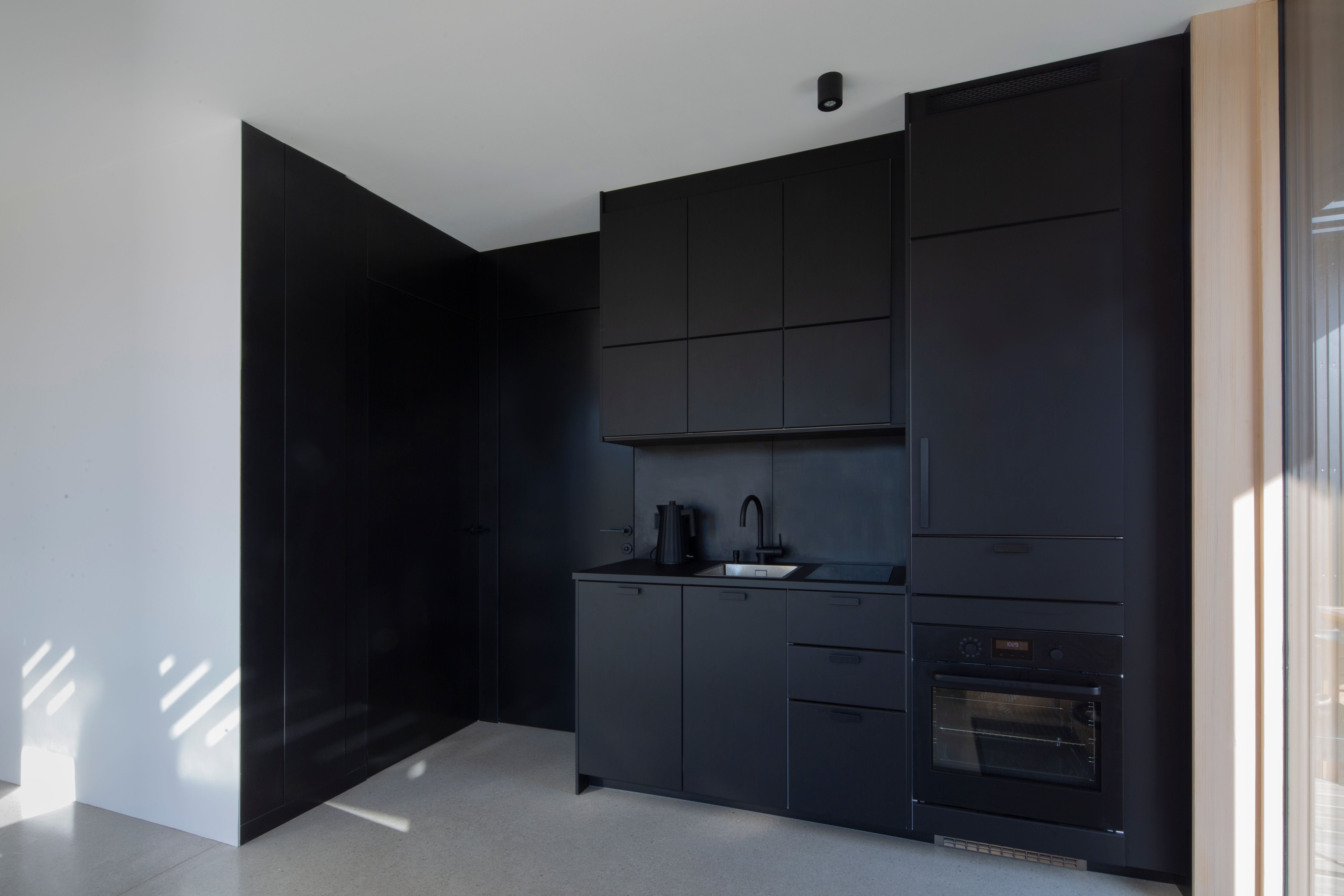 Moderne schwarze Einbauküche mit Spüle, Ofen und minimalistischen Schränken in einem Tiny House.