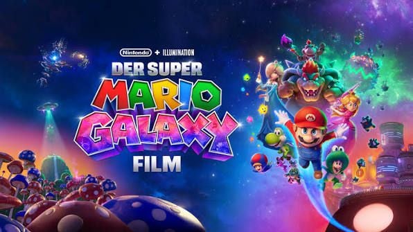 Filmplakat zu "Der Super Mario Galaxy Film" mit Mario und weiteren Figuren im Weltraum.