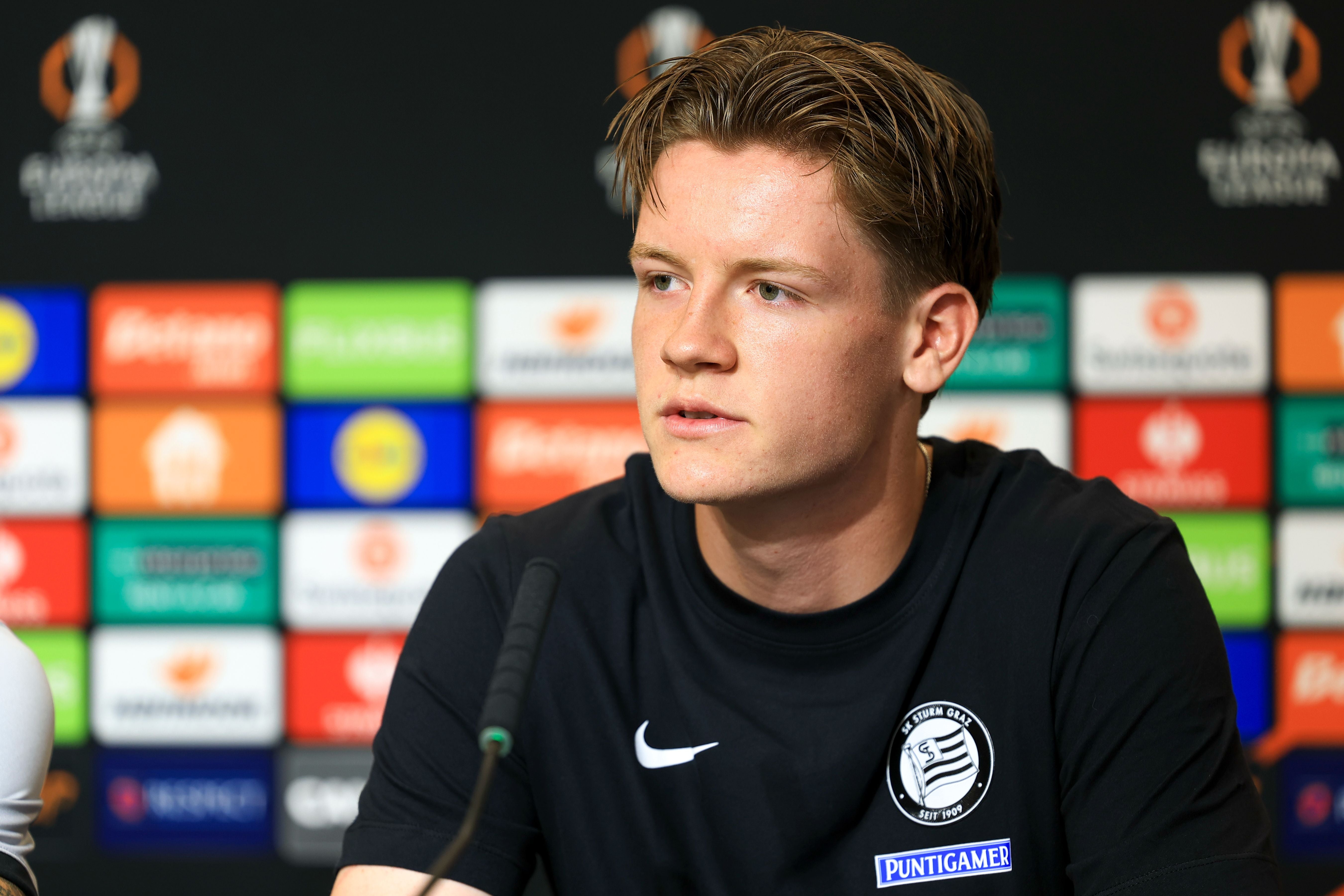 GRAZ,AUSTRIA,15.SEP.26 - SOCCER - UEFA Europa League, Sturm Graz vs Stade Rennais FC, preview, press conference Sturm. Image shows Luca Weinhandl (Sturm). Photo: GEPA pictures/ Mario Buehner-Weinrauch