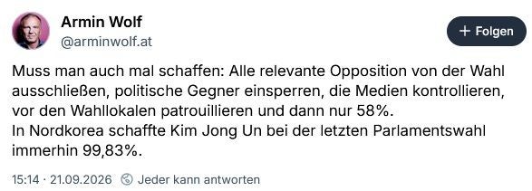 Tweet von Armin Wolf über Wahlmanipulation und Wahlergebnisse in Diktaturen.