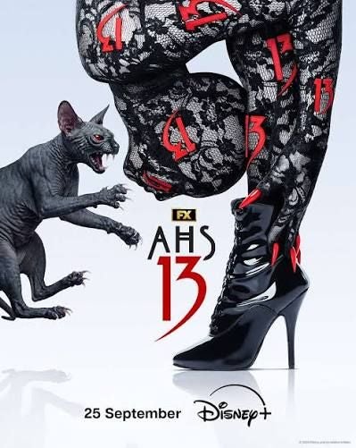 Promo-Poster mit einer Sphynx-Katze, High Heels und schwarzer Spitzenhose, Serie AHS 13.