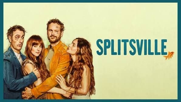 Vier Personen stehen nebeneinander, daneben der Schriftzug "Splitsville" auf hellem Hintergrund.
