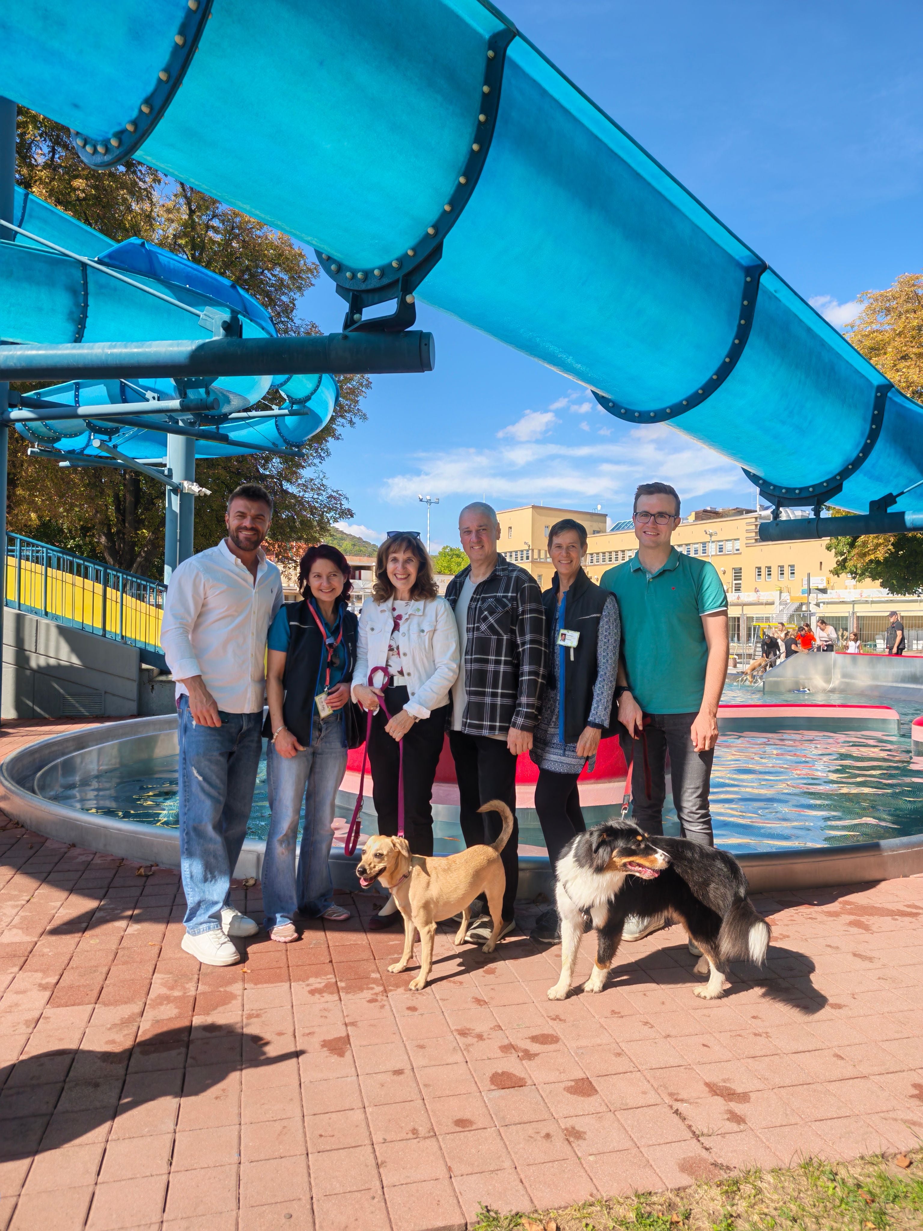 Stadtbad-Dienststellenleiter Gemeinderat Mehmed Alajbeg, Gabriela Bone-Geyer, Bürgermeisterin Silvia Drechsler, Stadtrat Markus Gilly, Claudia Haider-Kasztler und Stadtrat Tim Pöchhacker (von links) beim Hundebadetag im Stadtbad.