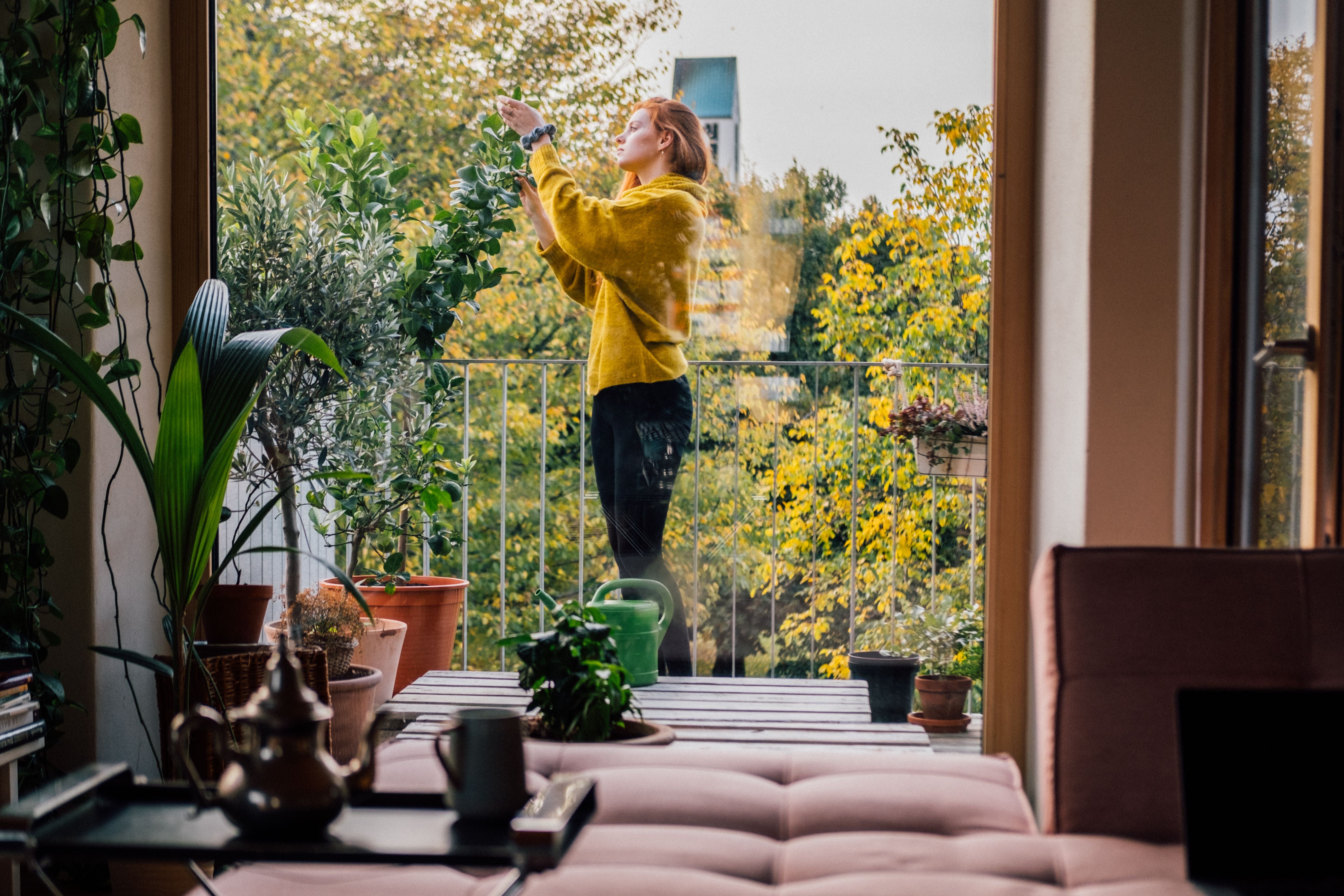 Junge Frau pflegt Pflanzen auf einem begrünten Balkon, Blick aus dem Wohnzimmer.