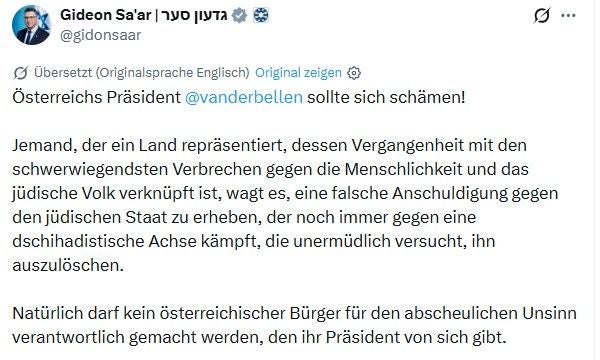 Ein Tweet kritisiert Österreichs Präsidenten Van der Bellen für Aussagen über Israel.