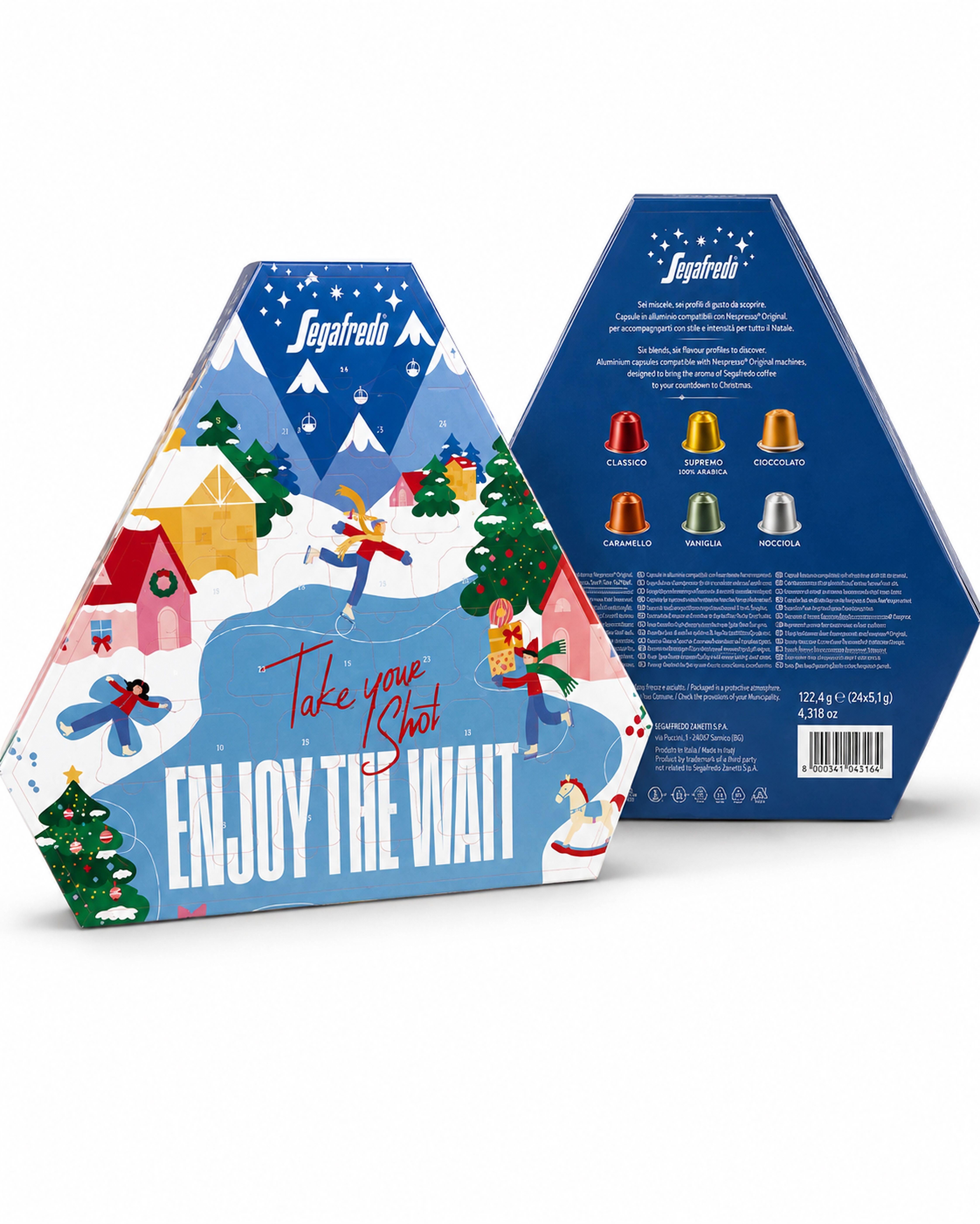 Segafredo Adventskalender mit winterlicher Eislauf-Illustration und Sortenübersicht auf der Rückseite.