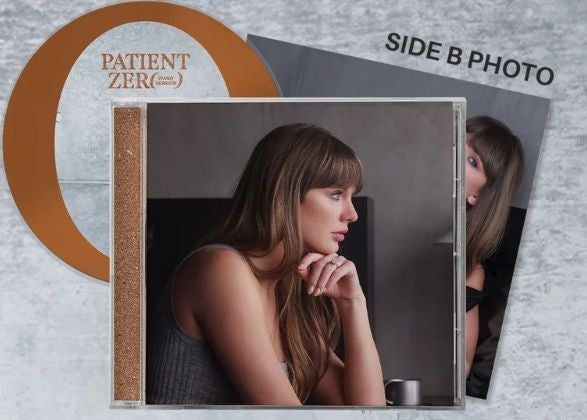 Ein Albumcover und Foto von Taylor Swift mit dem Titel "Patient Zero" im Hintergrund.
