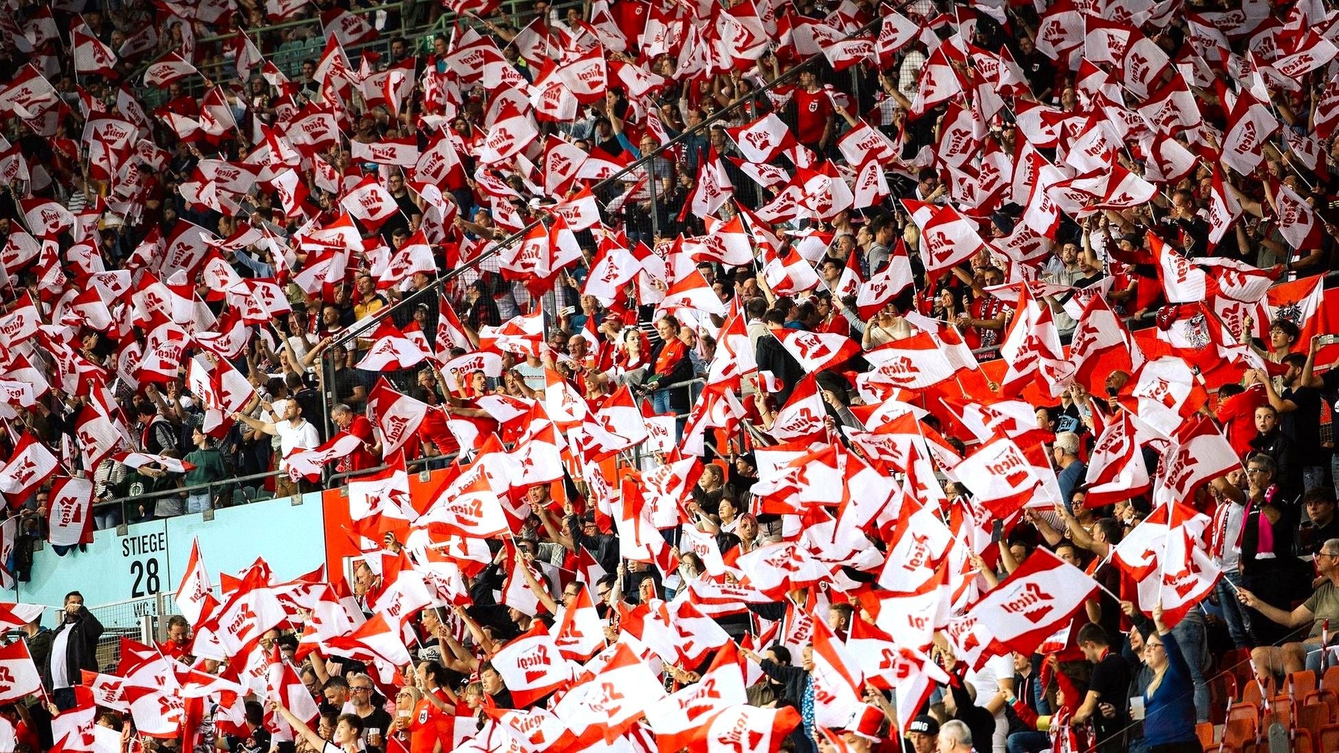 Viele Fans schwenken rot-weiße Österreich-Fahnen im Ernst-Happel-Stadion.