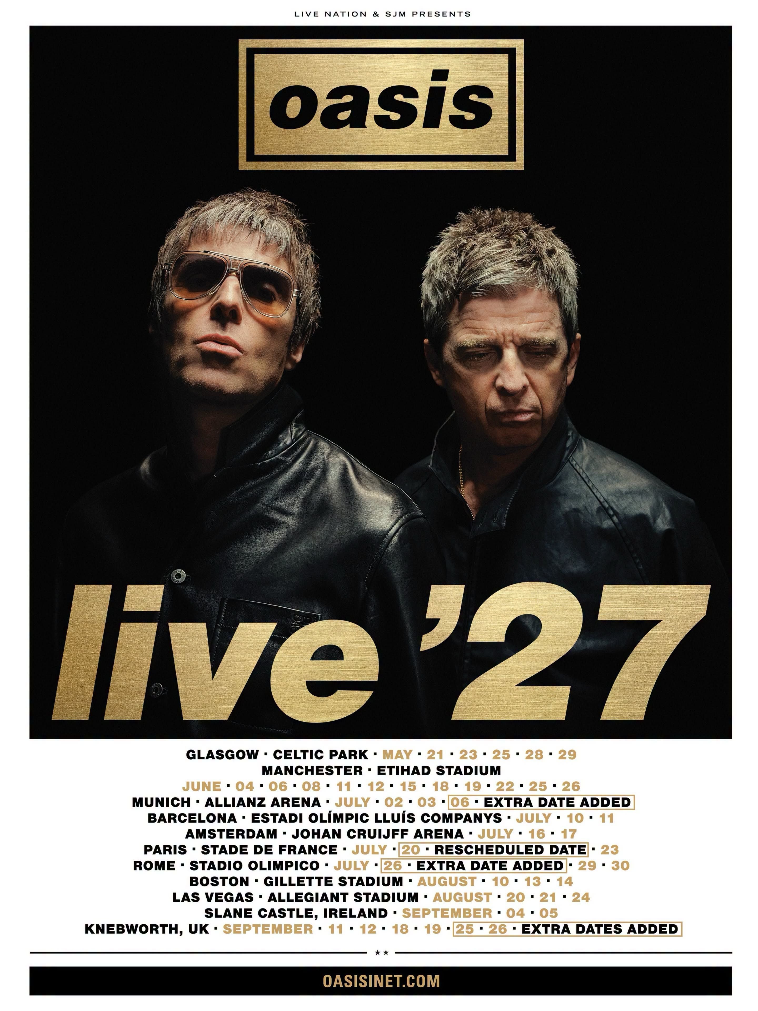 Zwei Männer posieren vor schwarzem Hintergrund, darüber steht "Oasis live '27" und Konzerttermine.