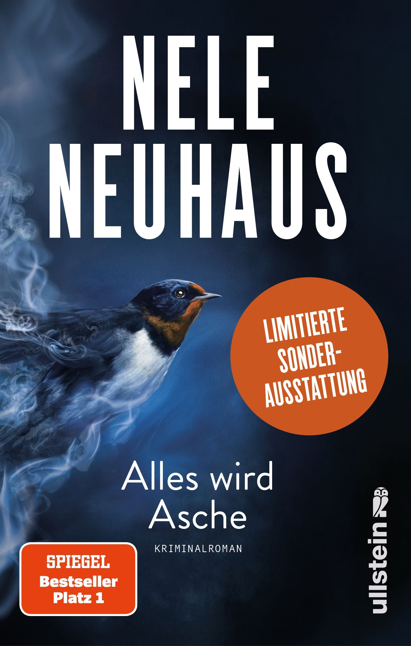 Buchcover von "Alles wird Asche" mit Rauch und Schwalbe auf blauem Hintergrund.